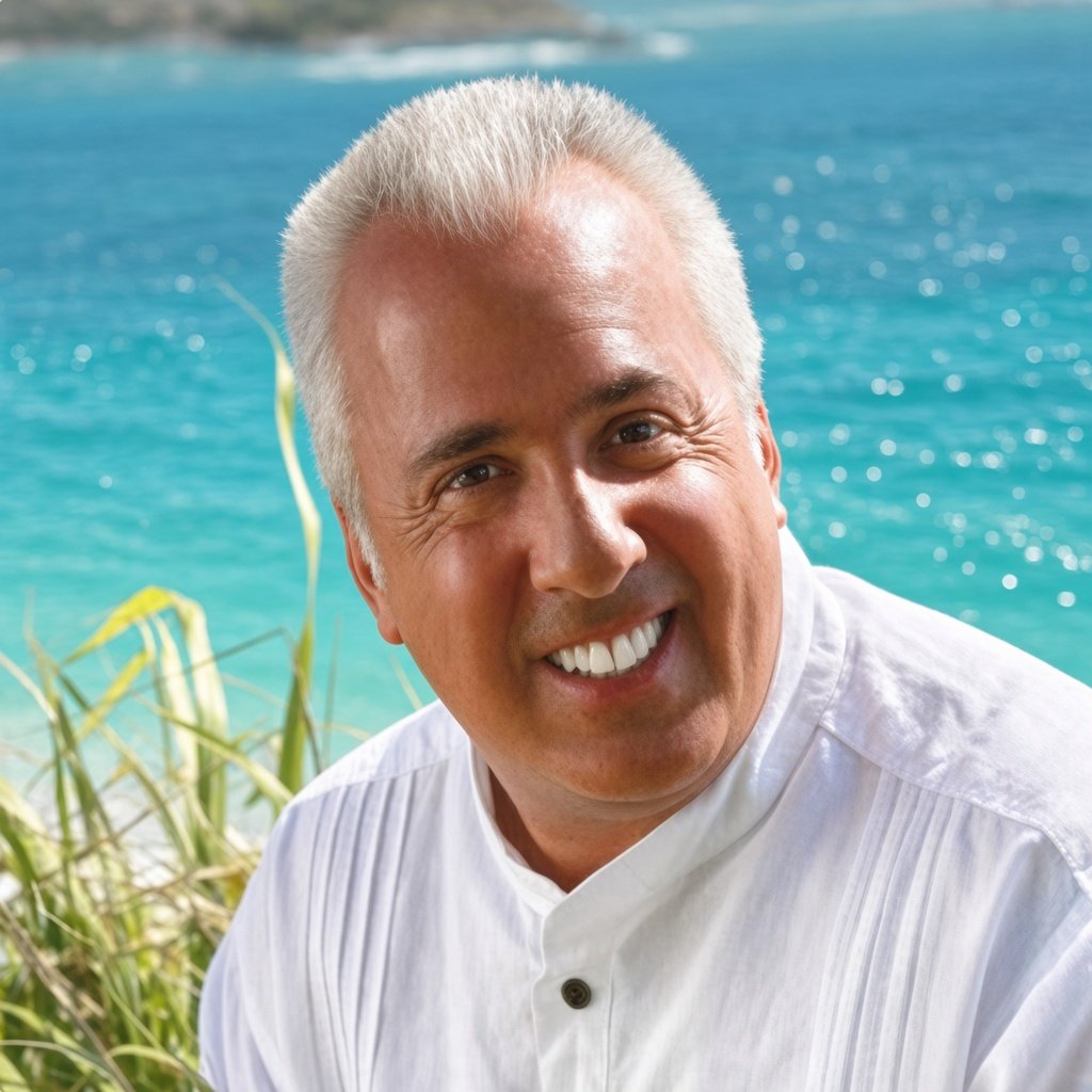 Dr. Peter Amato in a white shirt, smiling warmly, with a turquoise sea behind him
